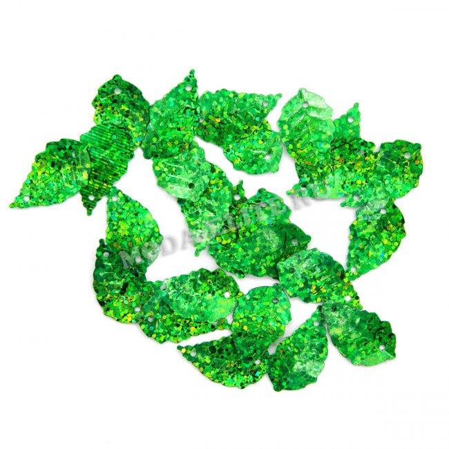 Пайетки лазерные фигурные "лист" 24*14мм (50гр) цвет:50104-зеленый