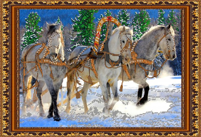 «Светлица» набор для вышивания бисером №127 «Тройка лошадей» бисер Чехия 43,7*29,6см (1шт) цвет:127